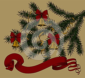 Baner with spruce branch and christmas bells