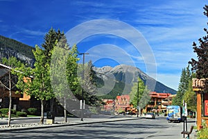 Banff Avenue in Early Morning Light with Sulphur Mountain, Banff National Park, Alberta