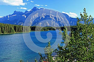 Banff National Park, Alberta, Two Jack Lake below Lake Minnewanka with Sulphur Mountain, Rocky Mountains, Canada