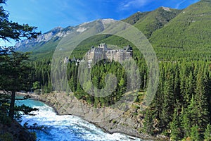 Banff National Park with Banff Springs Hotel above Bow River Falls in the Rocky Mountains, Alberta, Canada