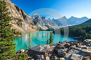 Banff National Park beautiful landscape. Moraine Lake in summer time. Alberta, Canada.