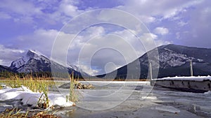 Banff National Park beautiful landscape, Vermilion Lakes frozen in winter.