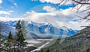 Banff National Park beautiful landscape in winter. Frozen Vermilion Lakes and Canadian Rocky Mountains.