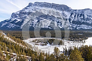 Banff National Park beautiful scenery. Panorama view Mount Rundle valley