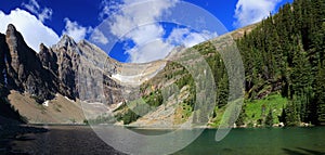 Banff National Park, Canadian Rocky Mountains Panorama with Rugged Peaks at Lake Agnes above Lake Louise, Alberta, Canada