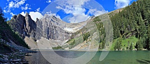 Banff National Park Landscape Panorama of Lake Agnes with Rugged Mountain Peaks, Canadian Rocky Mountains, Alberta, Canada