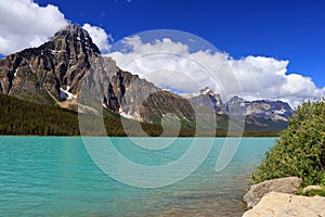 Banff National Park, Mount Chephren and Turquoise Waterfowl Lake along the Icefields Parkway, Rocky Mountains, Alberta, Canada