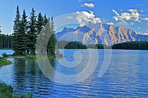 Banff National Park with Two Jack Lake and Sulphur Mountains in Evening Light, Canadian Rocky Mountains, Alberta