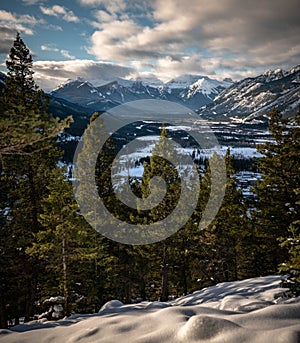 Banff townsite  and mountain peak landscape. photo