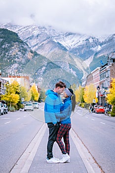 Banff village in Banff national park Canada Canadian rockies, couple on vacation in Canada