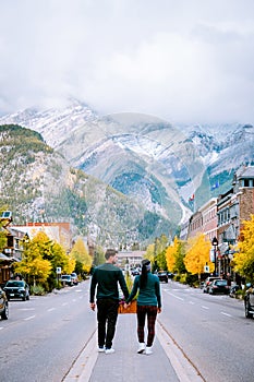 Banff village in Banff national park Canada Canadian rockies, couple on vacation in Canada