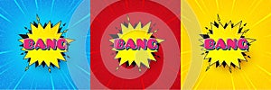 Bang comic cartoon bubble banner. Discount sticker shape. Sunburst offer banner, flyer or poster. Vector