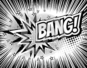 Bang comic cartoon wording. Pop-art style. Vector illustration with halftone background and rays. Explosion template