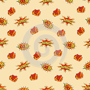 Bang, cool stickers, youth seamless pattern. Vector background printing of trendy fabric, casual clothes, wrapping paper