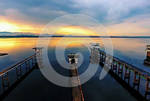 Bang Phra Reservoir Chonburi, Thailand.With the morning light.The bridge extends into the reservoir.Beautiful views