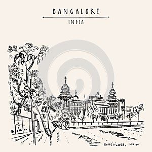 Bangalore Bengaluru, Karnataka, India. Building in Neo-Dravidian style. Vintage hand drawn postcard