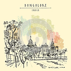 Bangalore Bengaluru, Karnataka, India. Building in Neo-Dravidian style. Vintage hand drawn postcard