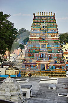 Bangalore, India : South Indian hindu temple with colorful gods sculpture carved outside