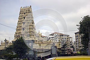 Bangalore, India : South Indian hindu temple with colorful gods sculpture carved on it`s exterior