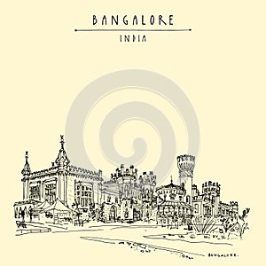 Bangalore, Karnataka, India. Beautiful Bangalore palace. Vintage hand drawn postcard