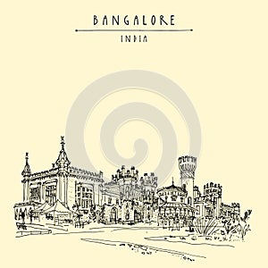 Bangalore, Karnataka, India. Beautiful Bangalore palace. Vintage hand drawn postcard