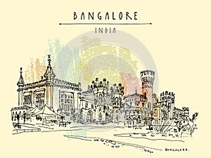 Bangalore, Karnataka, India. Beautiful Bangalore palace. Vintage hand drawn postcard