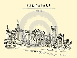 Bangalore, Karnataka, India. Beautiful Bangalore palace. Vintage hand drawn postcard