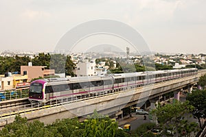 Bangalore, Karnataka India-June 01 2019 : Aerial View Bengaluru metro moving on the bridge near Vijaya Nagara, Bengaluru , India