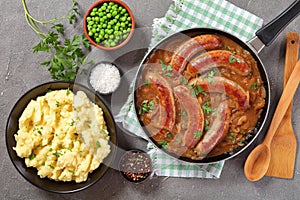 Bangers and mash, classic recipe, top view