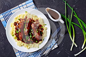Bangers and Mash with Onion Gravy, flatlay