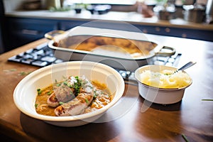 bangers and mash during preparation on kitchen counter