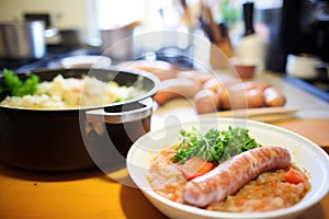 bangers and mash during preparation on kitchen counter