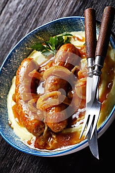 Bangers and mash traditional british dish top view