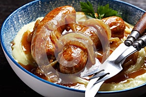 Bangers and mash traditional british dish top view