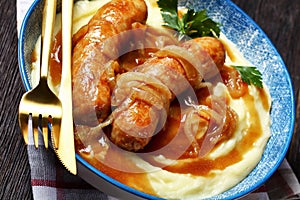 Bangers and mash traditional british dish top view