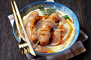 Bangers and mash traditional british dish top view