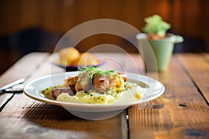 bangers and mash on a wooden table, rustic setting