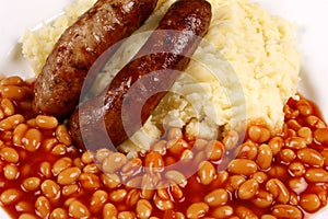 Bangers, red, beans and mash