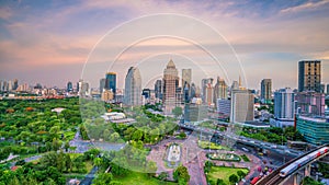 Bangkok city skyline with Lumpini park from top view in Thailan