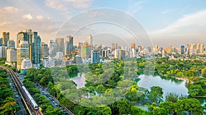 Bangkok city skyline with Lumpini park from top view in Thailan