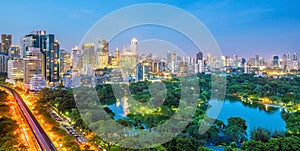 Bangkok city skyline with Lumpini park from top view in Thailan