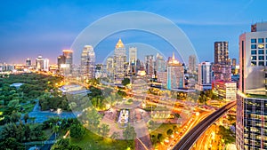 Bangkok city skyline with Lumpini park from top view in Thailan