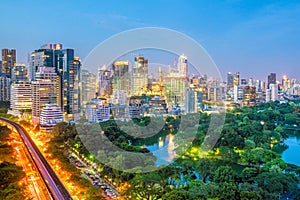 Bangkok city skyline with Lumpini park from top view in Thailan