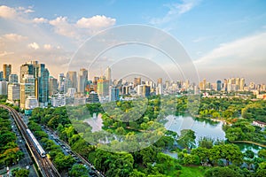 Bangkok city skyline with Lumpini park from top view in Thailan