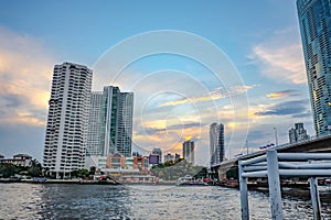 Bangkok City with Sunset sky and Chao praya river