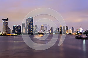 Bangkok City at twilight time , Chao Phraya River view , Thailan