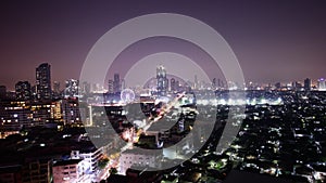 Bangkok cityscape night light roof top hotel traffic streets panorama 4k time lapse thailand