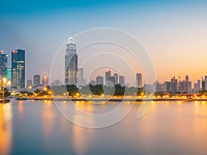 Bangkok Cityscape River View At Twilight Time