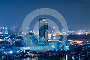 Bangkok cityscape which can see river view at twilight, blue col