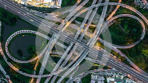 Bangkok Expressway top view, Top view over the highway,expressway and motorway at night, Aerial view interchange of a city, Shot